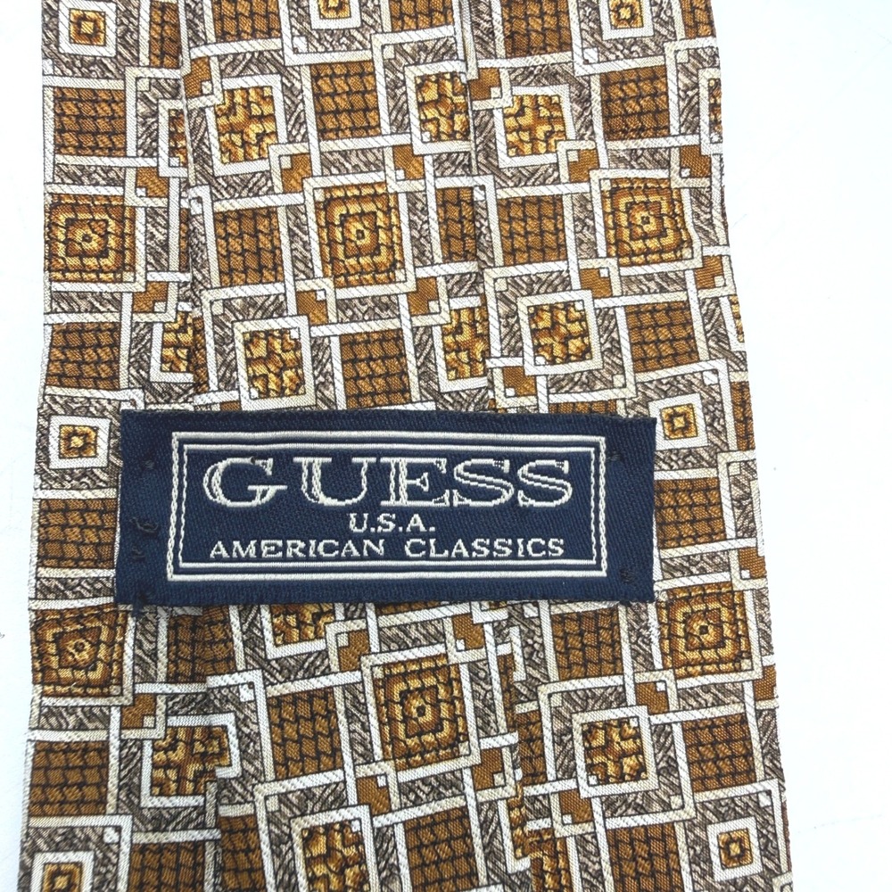 Vintage Guess‎ Tie Mens OS Geometric Silk Earthy 90s Preppy Office Dark Academia
